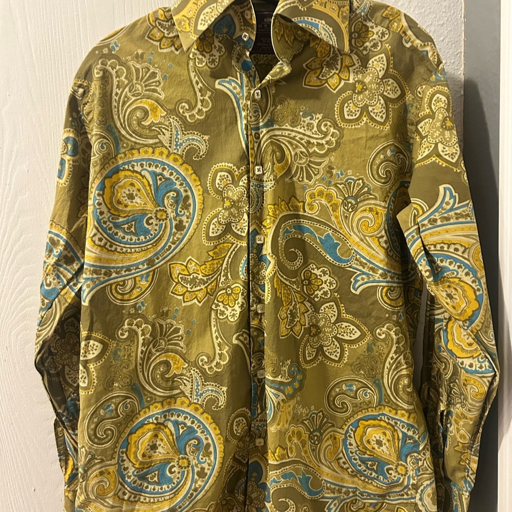 Hawes & Curtis shirt pure cotton slim fit green paisley men's Medium 40-42"